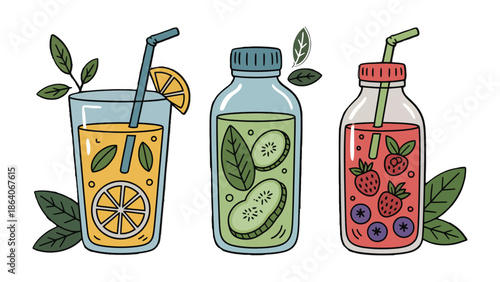 Refreshing Juices: Three vibrant and refreshing juices showcase an array of flavors, each meticulously crafted with fresh ingredients.