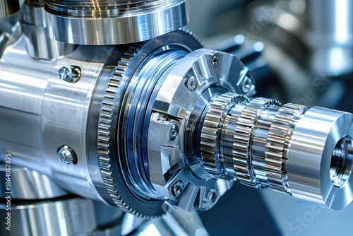 Close-up of industrial mechanical part with gears and stainless steel on blue background, showcasing advanced engineering technology for food industry