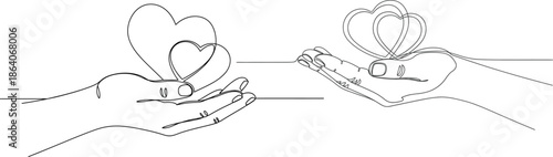 Two line art hands holding heart shapes with ribbons, symbolizing love, generosity, and gifting
