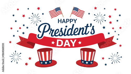 Happy President’s Day festive illustration with American flags, patriotic hats and fireworks celebrating United States leadership, democracy and federal holiday