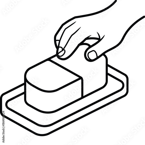 Hand cutting tofu on a tray isolated on white background, Vector, illustration