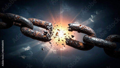 Rusty chain breaking apart with explosive light and dark clouds