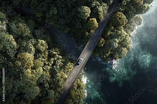 Aerial view of a bridge road in the middle of forest and river 