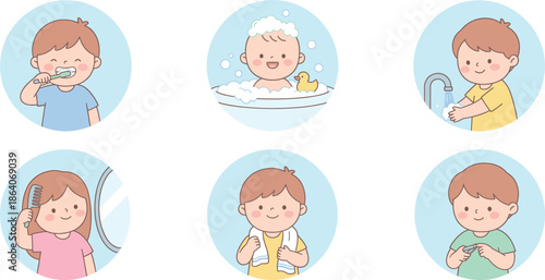Cartoon children hygiene vector set with brushing teeth, bathing, washing hands, combing hair, drying, and clipping nails