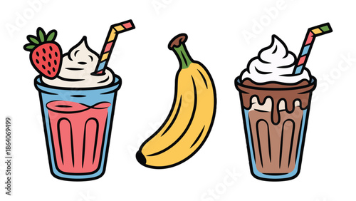 Refreshing Sweet Treats: Capturing the enticing allure of vibrant fruity drinks and a fresh banana, the scene radiates a sense of joy and simple indulgence.