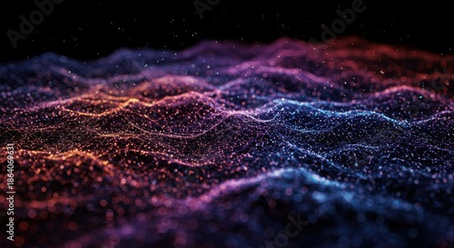 Illuminated network of glowing particles forms an undulating abstract surface against a dark backdrop.