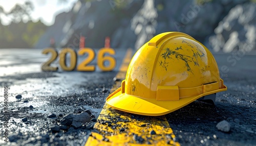 Yellow hard hat on construction site with 2026 date