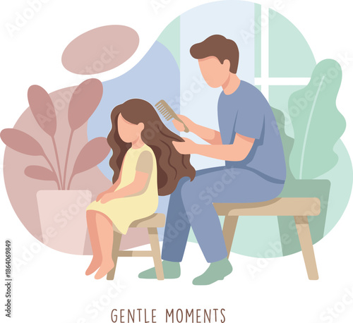 Gentle moment of hair combing between two seated individuals in cozy indoor setting with plants and abstract decor