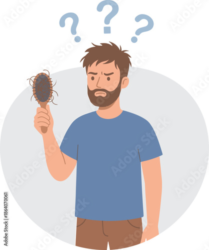 Confused man holding hairbrush with hair loss, illustrated with question marks and puzzled expression