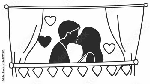 Silhouetted couple embracing under heart-shaped decorations on a romantic evening