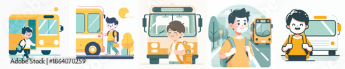 A Hnadsome Boy Getting on a Bus Vector Illustration