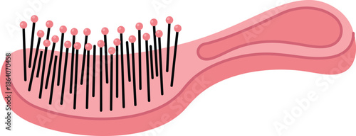 Pink hairbrush vector with curved handle, wide base, and rounded bristle tips illustration