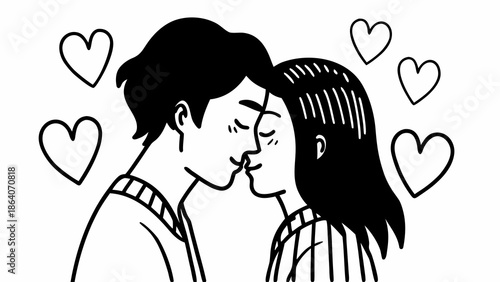 A young couple sharing a tender kiss surrounded by hearts