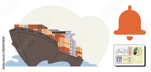 Global trade, logistics optimization, shipping industry, freight management, import-export, data-driven decisions. A cargo ship, notification bell and analytics chart. Global trade and logistics