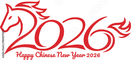 Happy Chinese New Year 2026 Calligraphic Horse Vector Design – Stylized Red Zodiac and Lunar Date Typography