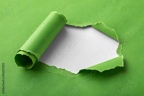 Ripped hole in green paper with rolled edge isolated on a white or transparent background.