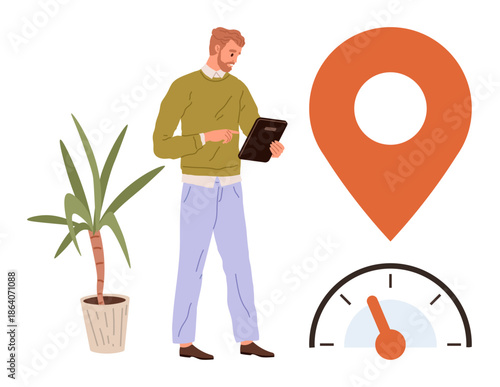 Navigation, app usage, travel planning, digital tools, location tracking, productivity. A man holding a tablet near a location pin and speedometer design. Navigation and app usage concept
