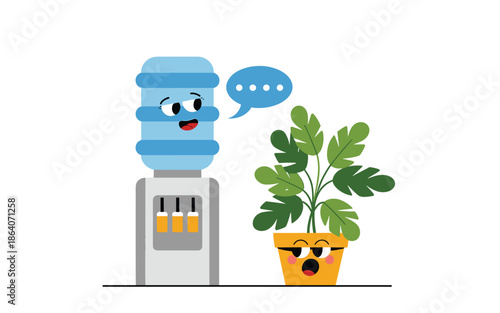 Friendly water cooler and potted plant having a conversation