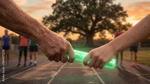 Hands Passing Baton in Relay Race. Ai generation