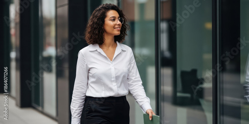 Happy young businesswoman walking outside modern office building, confident african business woman professional with curly hair and eyeglass looking away with positive copy space city street