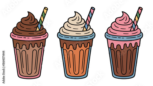 Summer Drink Delights: A colorful array of milkshakes, each topped with a swirl of cream and served in a classic glass, ready to quench thirst.