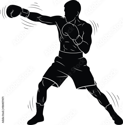 Professional Black Silhouette of a Male Boxer Throwing a Lead Jab, Athletic Fighter in Boxing Shorts and Gloves with Motion Lines, Transparent Background