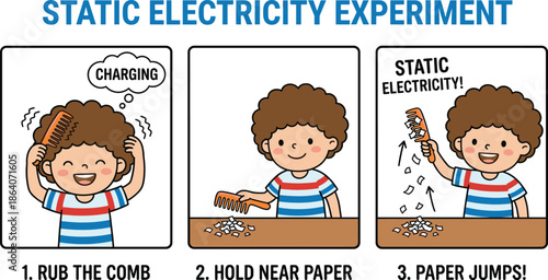 Cartoon comic static electricity experiment with comb, hair, paper attraction, and science captions