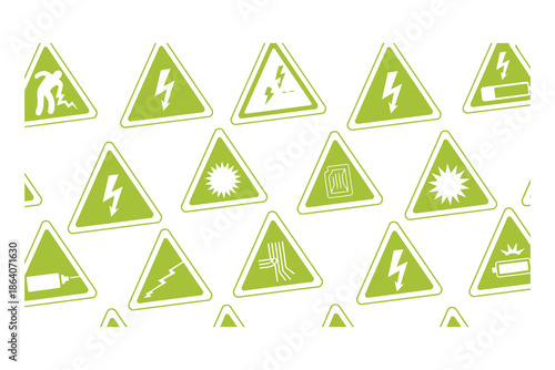 Set of Green Triangular Electrical and Hazard Warning Safety Signs Icons