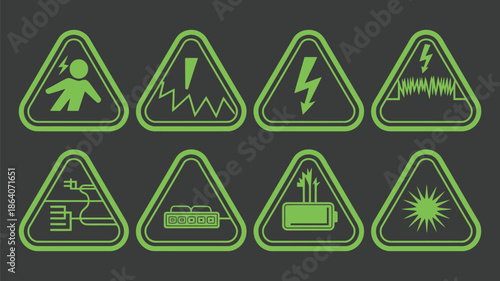 Set of Neon Style Glowing Hazard Warning Safety Signs Icons on Dark Background