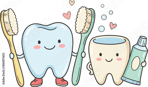 Cute cartoon teeth characters with toothbrushes, toothpaste, bubbles, and hearts promoting dental hygiene 