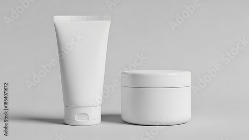 White cosmetic tubes and jar on gray background, skincare products