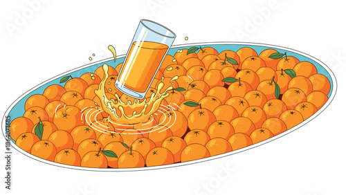 Fresh oranges with juice splash in vibrant illustration