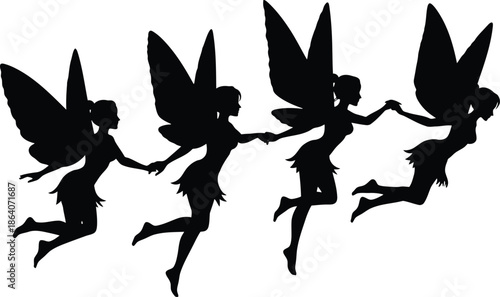 Professional Black Silhouette of a Group of Four Fairies Flying in a Line, Mythological Pixies Holding Hands in Flight, Transparent Background