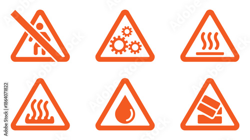 Set of Five Red Triangular Warning Hazard Safety Signs Icons