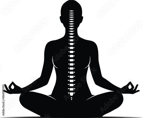 Professional Black Silhouette of a Person in a Meditation Pose with a Highlighted Spinal Column, Yoga for Back Health and Alignment Graphic, Transparent Background