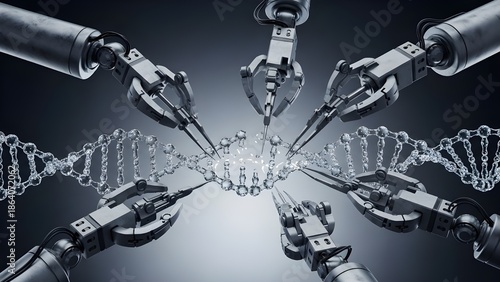 Futuristic robotic arms editing dna helix structure for genetic engineering and crispr technology
