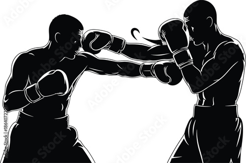 Two Professional Boxers Sparring Silhouette, Intense Boxing Match Fight Vector Isolated Transparent Background