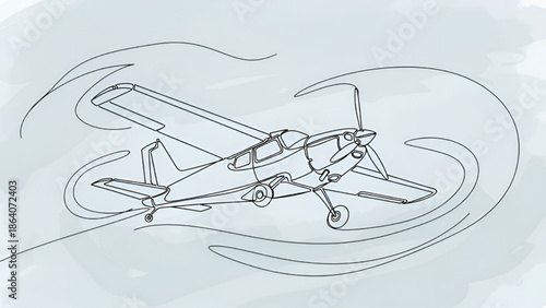 Vintage Airplane Flying through Clouds Continuous Line Art
