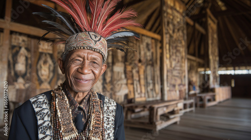 Traditional Hinugyaw Festival elder wearing ceremonial headdress inside indigenous cultural house