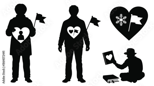 Silhouettes of people holding hearts and flags