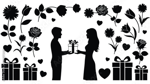 Couple exchanging gifts surrounded by flowers and hearts