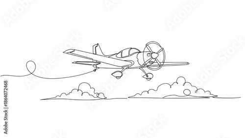 Vintage Airplane Flying through Clouds Continuous Line Art