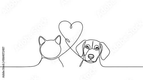 Cat and Dog with Heart Line Art Illustration