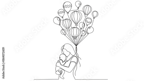 Mother Holding Baby Lifted by Hot Air Balloons Line Art