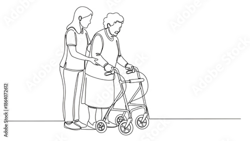 Caregiver Assisting Elderly Man with Walker, Continuous Line Art