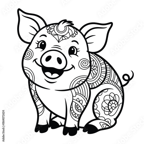 Smiling pig with intricate patterns isolated on white background, Vector, illustration