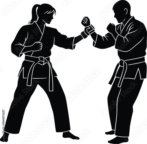 Professional Black Illustration of a Male and Female Martial Artist Sparring, Karate or Judo Self-Defense Scene, Transparent Background