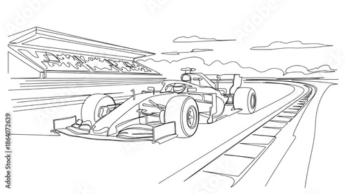 Racing Car on Track with Grandstand in the Background, Line Art Illustration