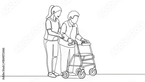 Caregiver Assisting Elderly Man with Walker, Continuous Line Art