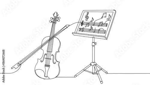 Violin and Bow on Stand with Music Sheet, Continuous Line Art